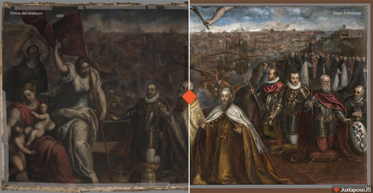 Il dipinto Battaglia di Lepanto prima e dopo il restauro