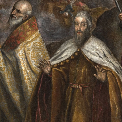 La Battaglia di Lepanto, particolare con papa Pio V e Alvise I Mocenigo doge di Venezia