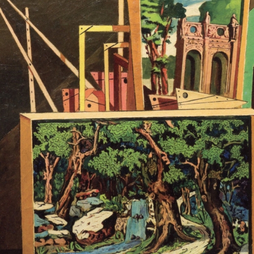 Giorgio de Chirico, Interno metafisico (con alberi e cascata), 1918, olio su tela